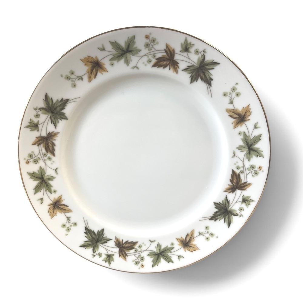 Wentworth Imperial Hawthorne Plate 6.25" White Green Brown Leaf Gold Rim